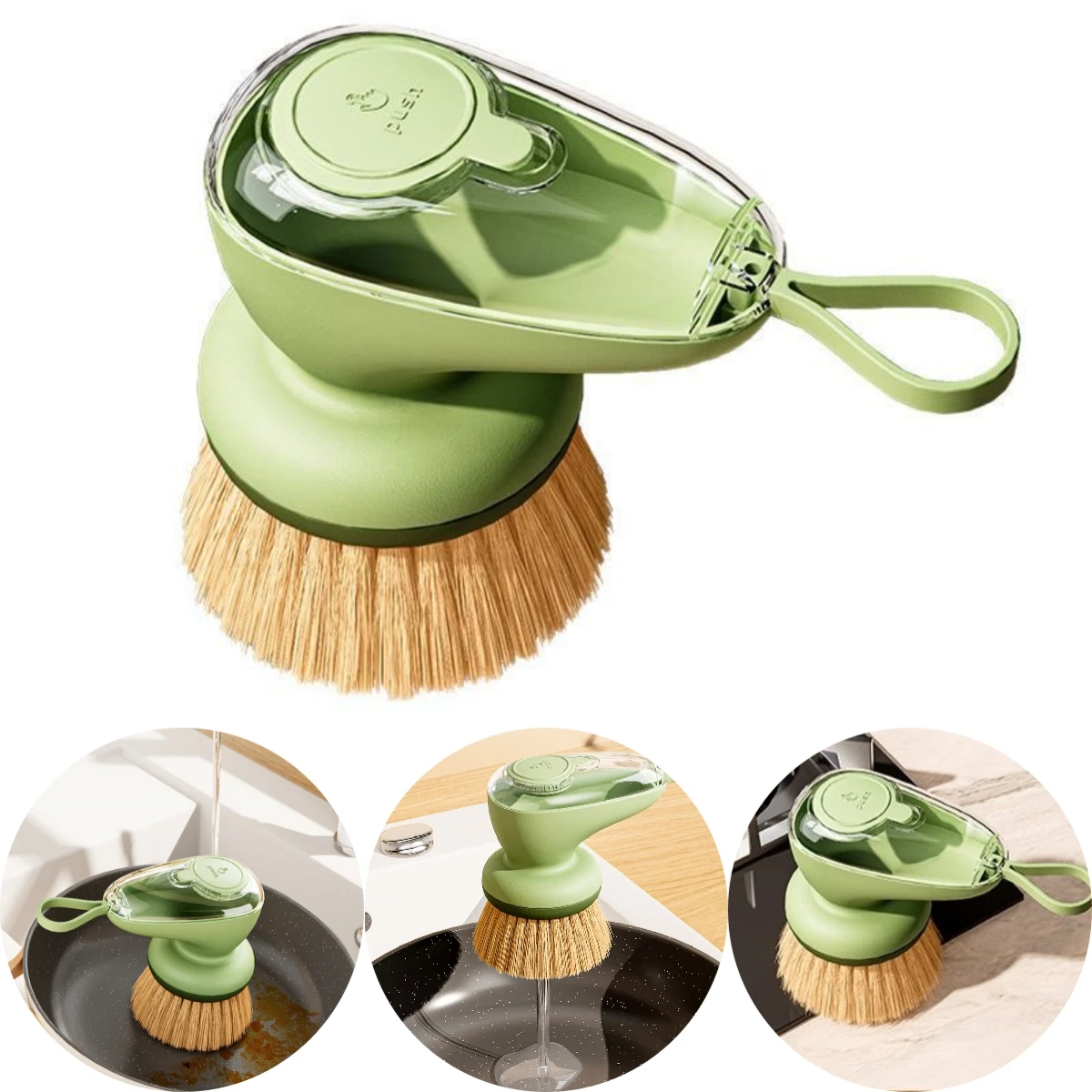 Dish Brush Bamboo - แปรงล้างจานพร้อมที่จ่ายสบู่สีเขียว 1 ชิ้น พร้อมปั๊มป้องกันการรั่วซึม สำหรับอ่างล้างจานในครัว ใช้ขัดหม้อและกระทะ