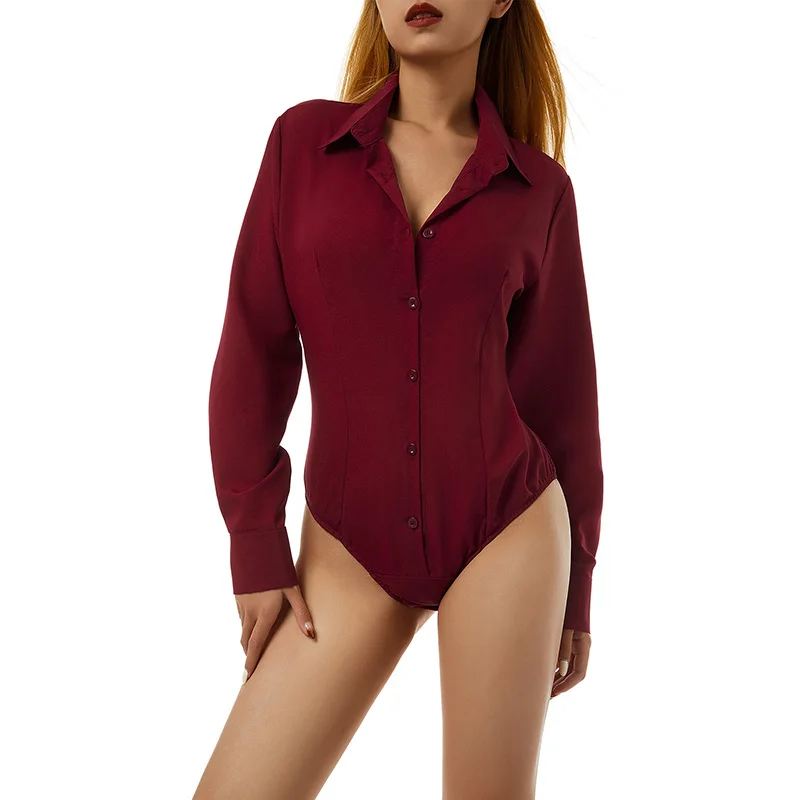 Women Solid Color Button Shirts Romper Ladies Formal Shirt Long Sleeve Lapel Collar  Slim Bodysuit