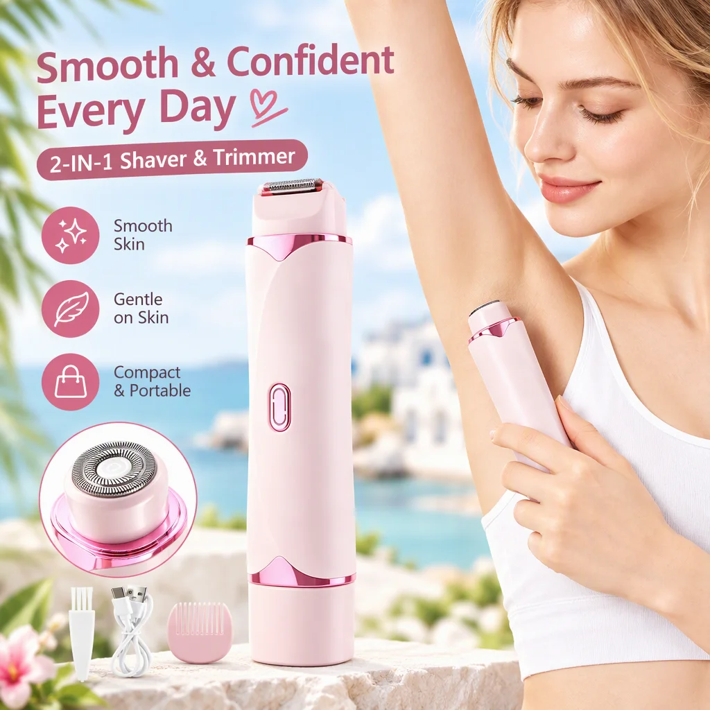 Electric Razor 2-in-1 Dual Head Bikini Trimmer Wet Dry Cordless Body Hair Shaver USB-C Rechargeable Painless Underarms
