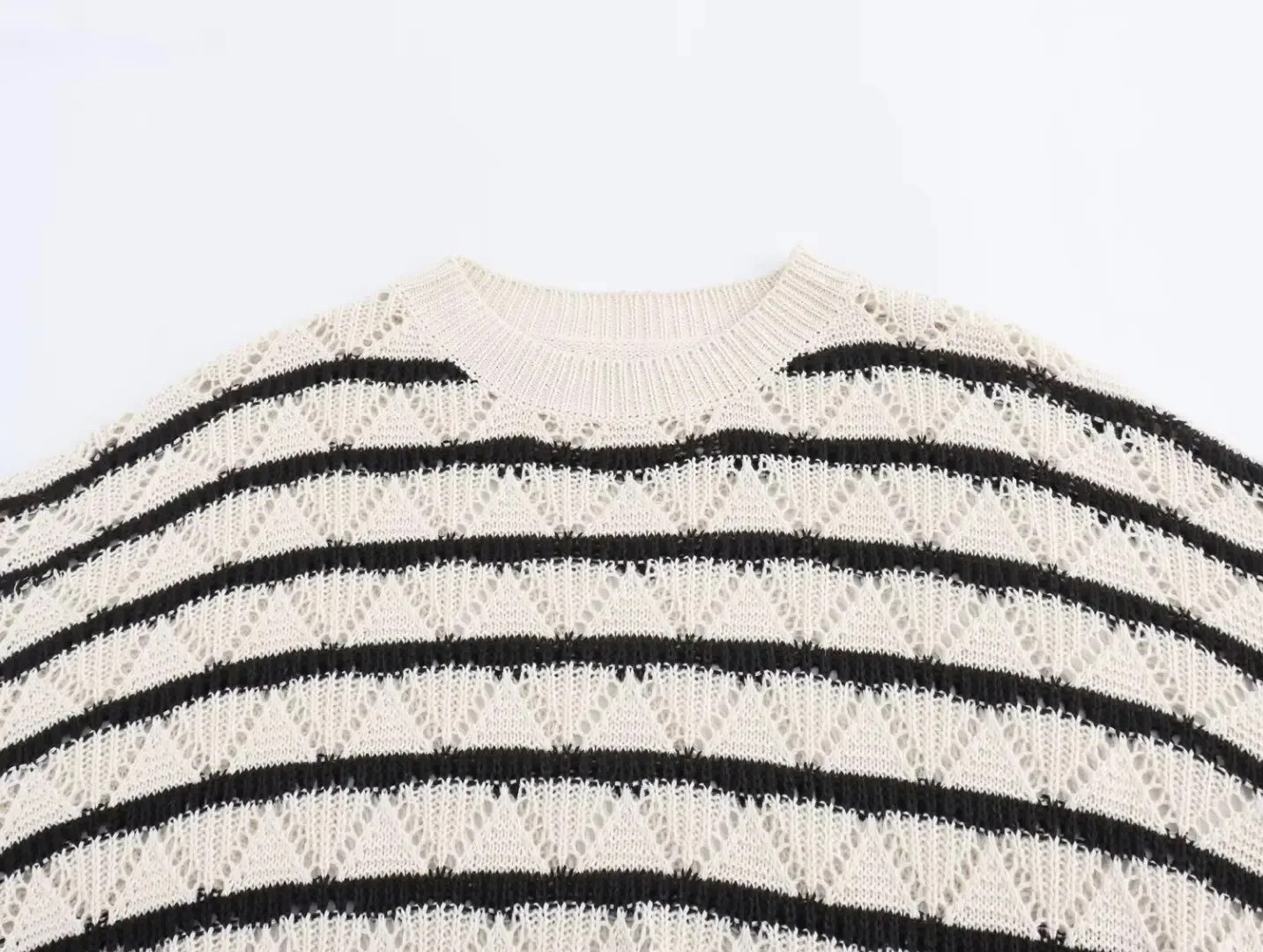 TRAFZA Women\'s Fashion 2 Piece Set Round Neck Long Sleeve Hollow Out Striped Sweater Top+Chic Knitted Slim Elastic Waist Pants