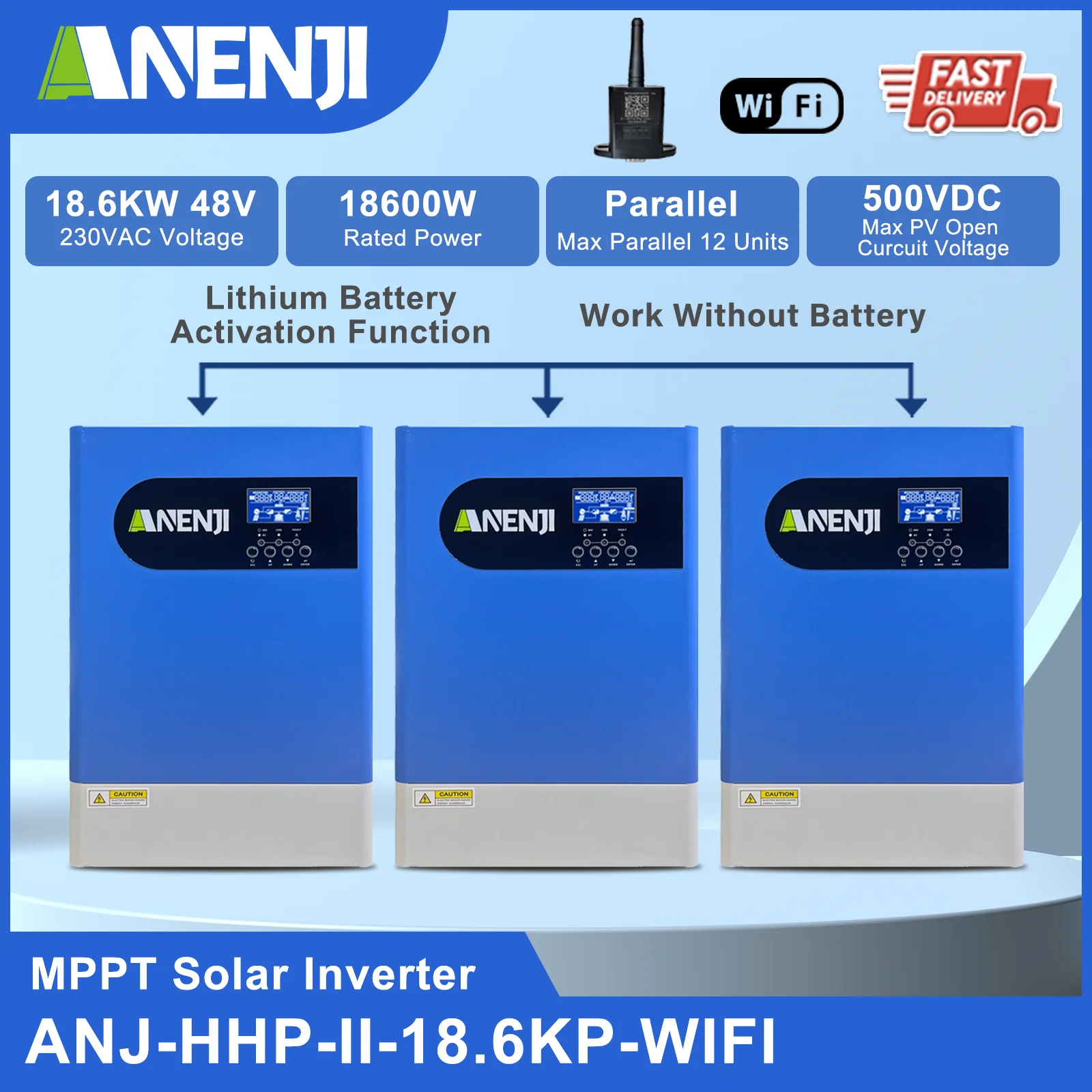 

ANENJI 18.6KW Hybrid Solar Inverter Three Phase 48V 220/380VAC Pure Sine Wave Parallel Inverter 120A Solar Charger PV 60-500VDC