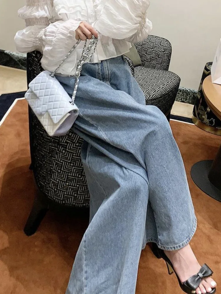 [EWQ] One-button Pleated Denim Trousers For Women Streetwear High Waist Wide Leg Jeans 2024 Spring Summer New Chic Pants 16Y6618