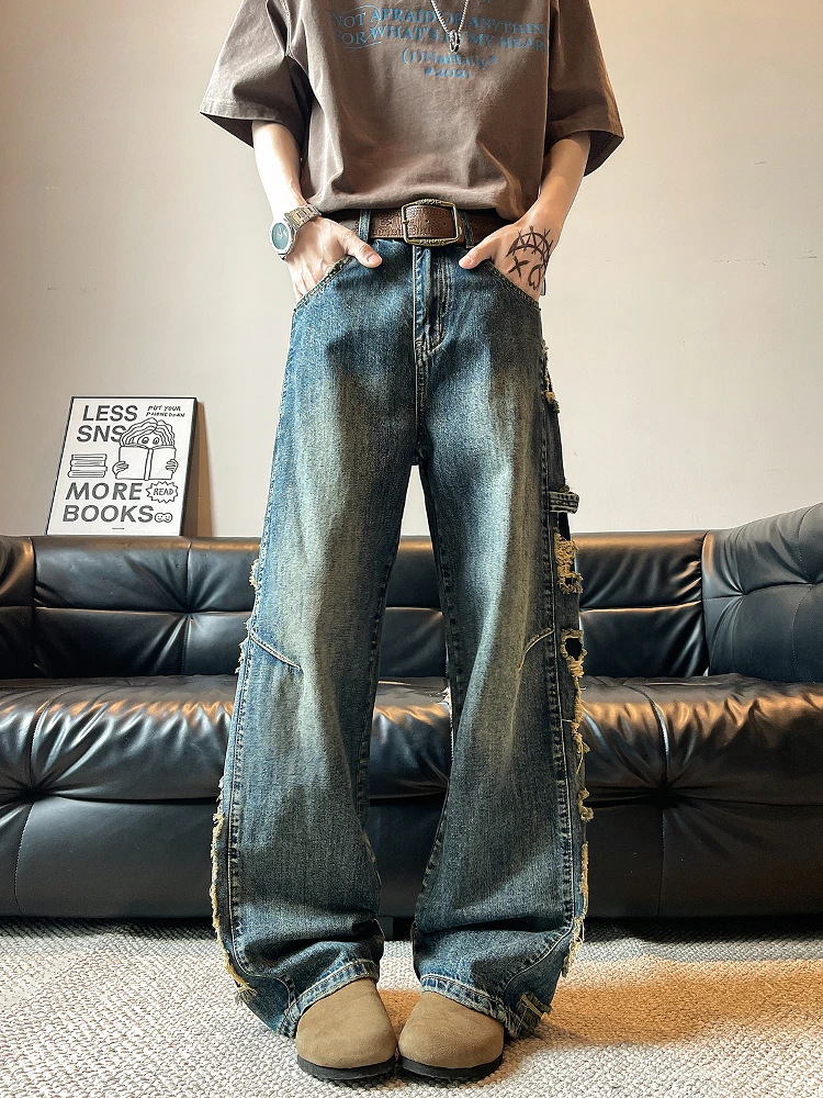 الرجعية الأمريكية خمر واسعة الساق الجينز الرجال Personali فضفاض مستقيم السراويل الطويلة الشباب العصرية الربيع عادية فضفاض صالح #2