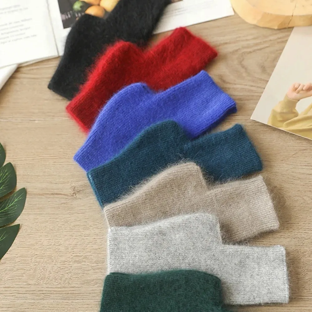 Mink Cashmere Autumn Winter Women Gloves Fingerless Warm Racoon Wool Mitten Wrist Length Thumb Hole Mitts Korean Female Lovely