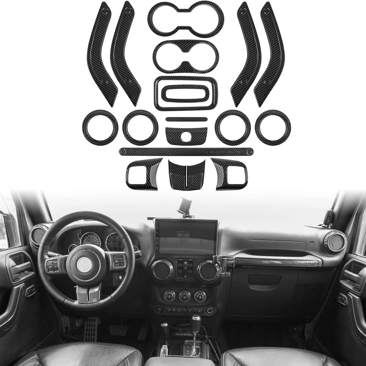 (Carbon Fiber 18Pcs) Car Decoration Steering Wheel & Center Console Air Outlet Trim for JK JKU 2011-18