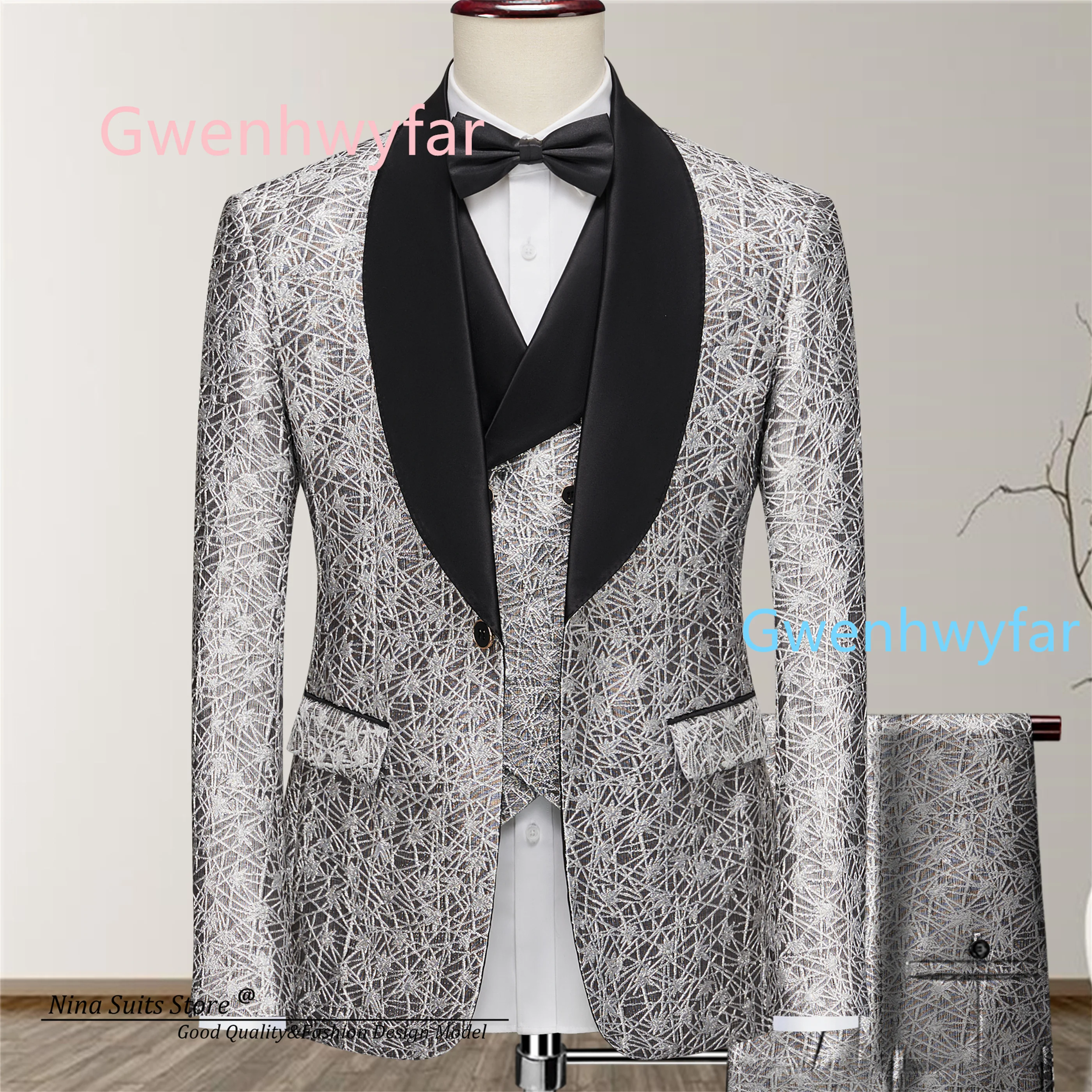 

Gwenhwyfar Серебряный блестящий жаккардовый костюм, комплект из 3 предметов, костюм крутой певицы для концертного выступления, костюм для вечеринки, можно настроить