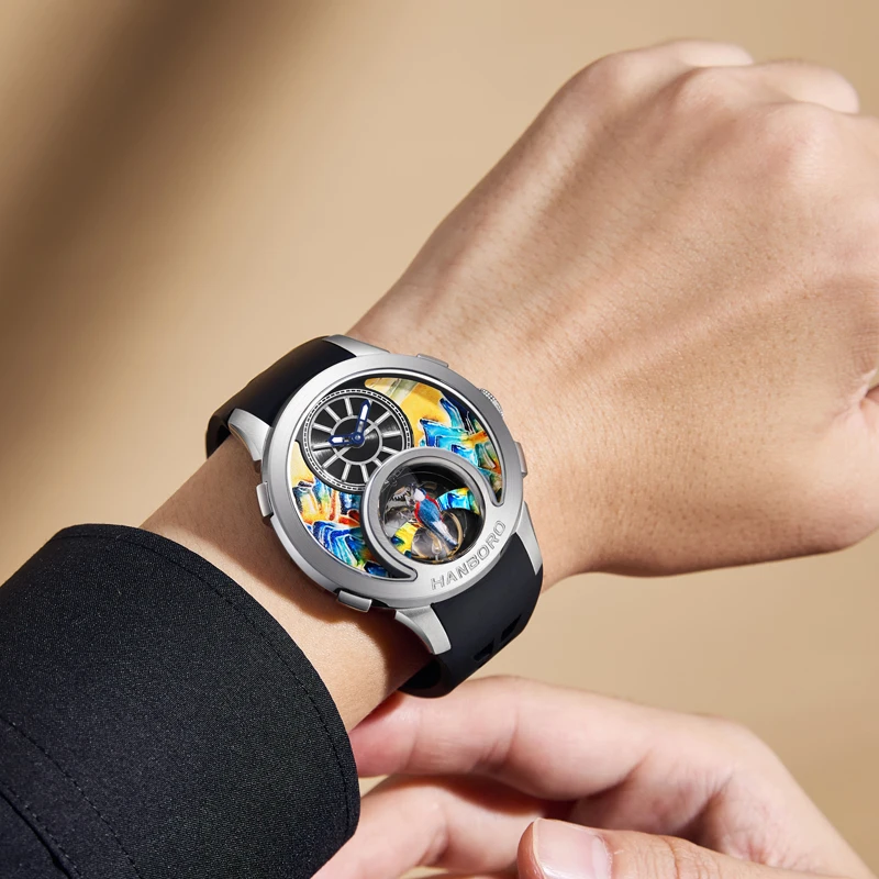 

HANBORO Мужские автоматические часы 43,6 мм Механические наручные часы Скелет Светящаяся эмаль Резная окрашенная горный циферблат Окрашенная сорока