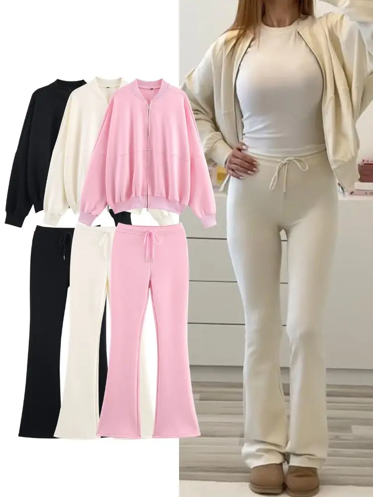 HH 2025-Conjunto de pantalones y chaqueta Bomber liso informal para mujer, abrigos con cremallera de manga larga y pantalones acampanados de cintura alta, trajes sencillos