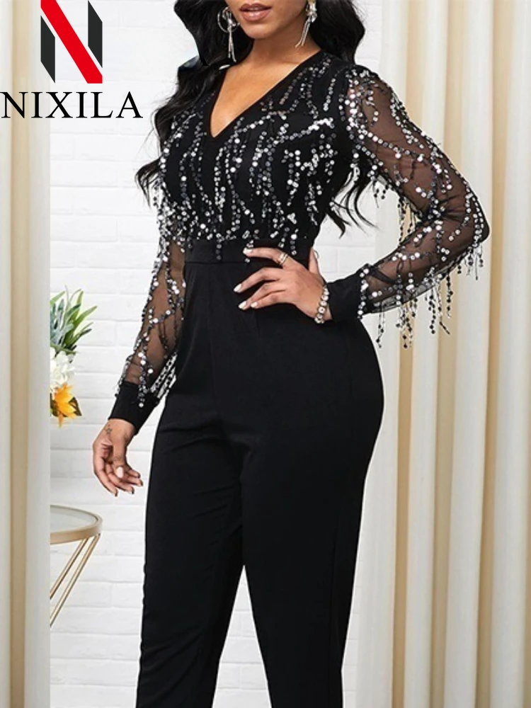 New in Women\'s Sequined V-neck Long Sleeve Jumpsuit Elegant Casual Pants Black Jumpsuit Women Sexy Streetwear Female Clothes