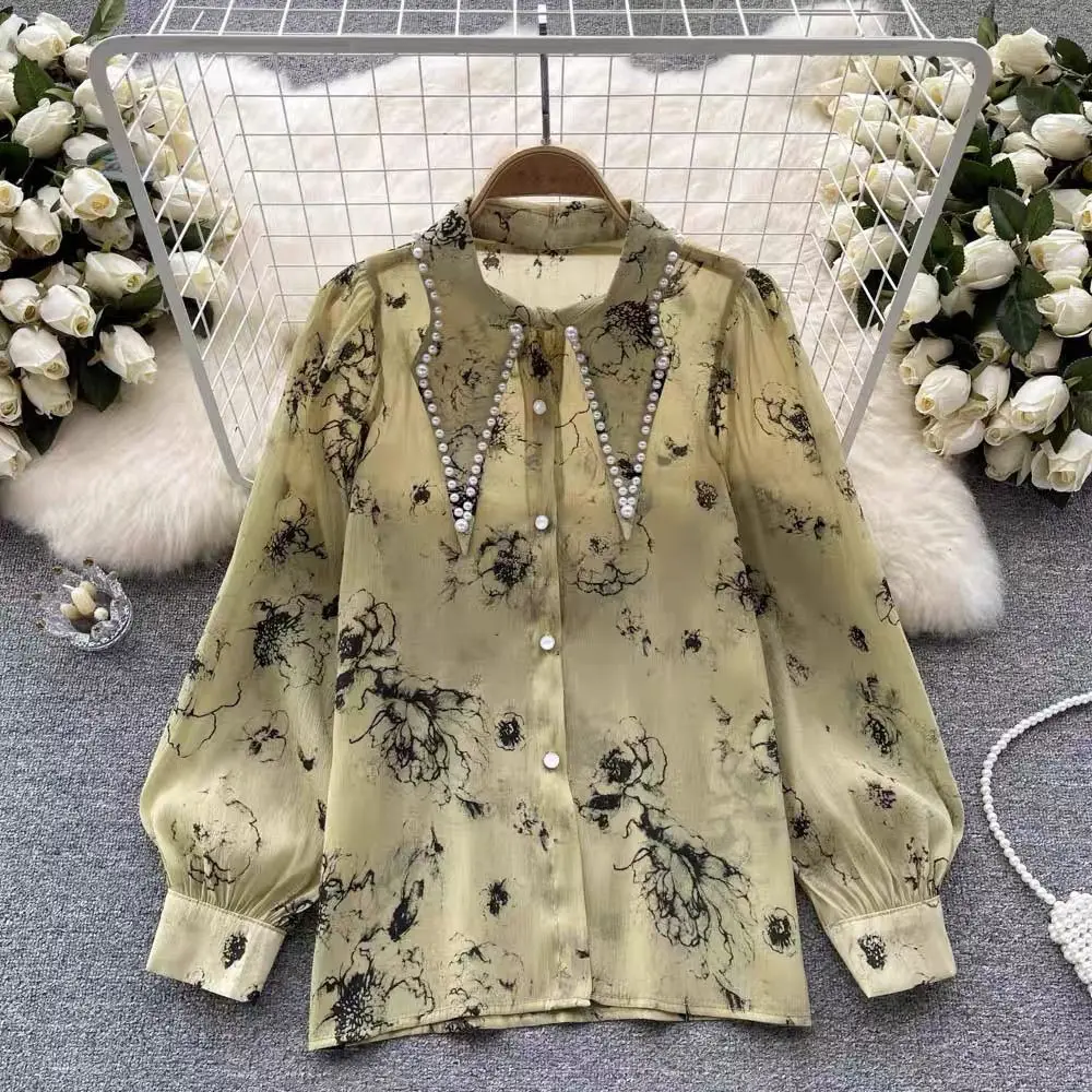 Luxury High-end Floral Long-sleeved Chiffon Shirt Female Spring Autumn New Fashion Versatile Pointed Collar Loose Holiday Shirt