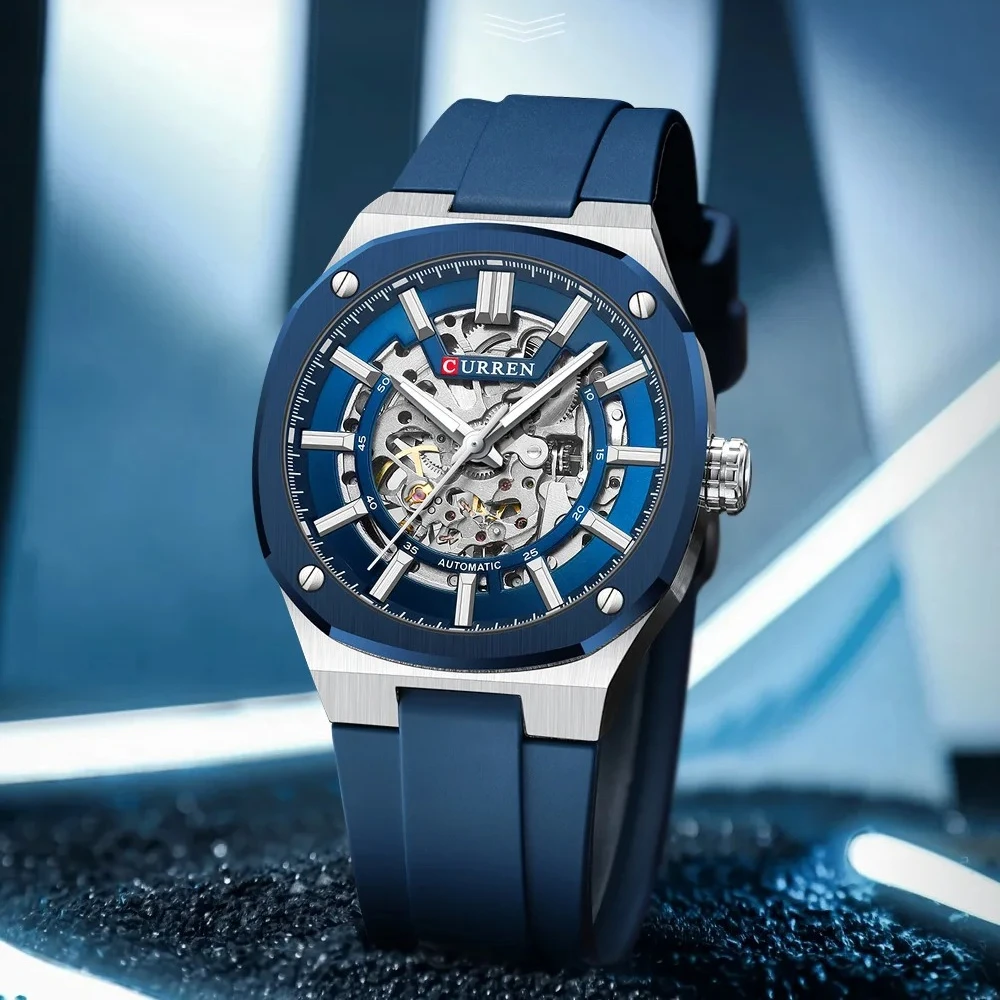 

Мужские часы CURREN 8485, скелетонизированный циферблат и светящиеся стрелки, механический механизм с автоматическим заводом, силиконовый ремешок, мужские часы