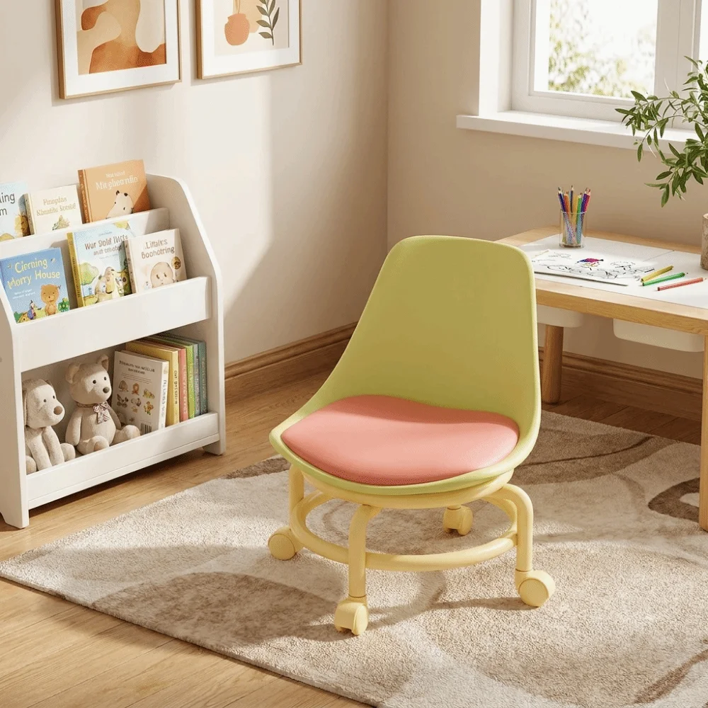 With Sliding Wheels Small Chair With Backrest Universal Casters Low Stool Compact Build Cushioned Seat Stool Chair Indoors