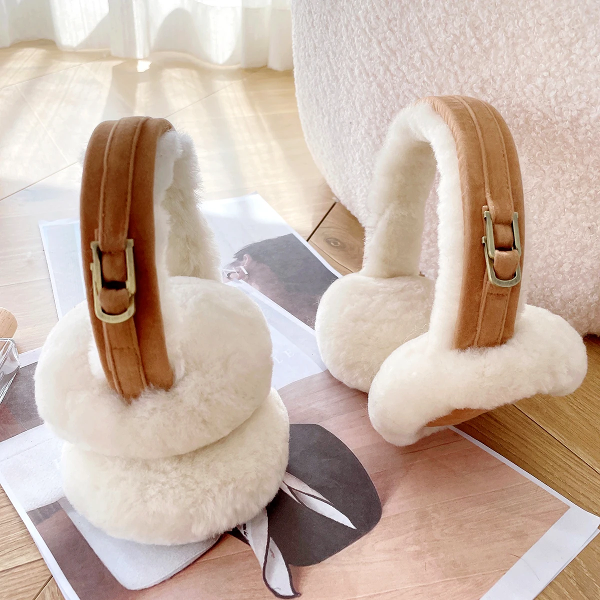 Natural Wool Ear Warmer Winter Sheepskin Ear Muffs for Women Soft Warm Solid Earflap Outdoor Cold Protection EarMuffs Ear Cover