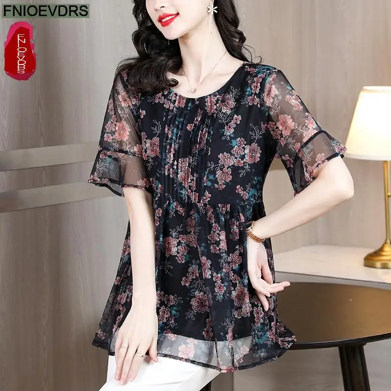 L-5XL Loose Clothes Women 2023 Summer Elegant Office Lady Long Shirts Casual Retro Vintage Ruffles Floral Peplum Tops Blouse