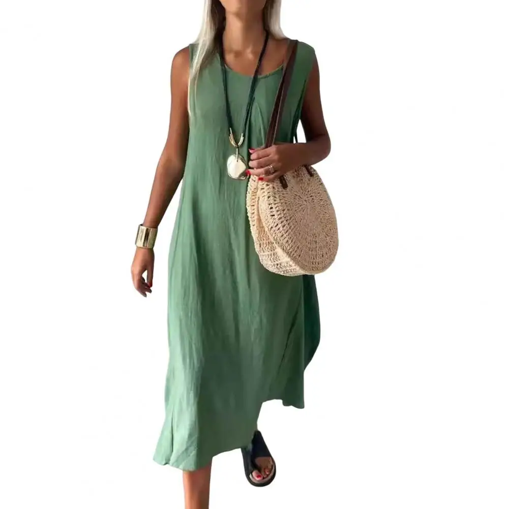 

Women A-line Dress Solid Color Loose A-line Midi Dress O Neck Pleated Beach Sundress for Women Wear with Big Hem Summer Dress