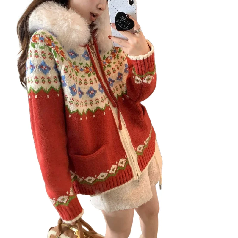 เสื้อคลุมคาร์ดิแกนสั้นสำหรับผู้หญิง ลายแฟร์ไอส์ แบบมีฮู้ด ถักนิตติ้ง สำหรับฤดูใบไม้ร่วงและฤดูหนาว สไตล์หลวมๆ สบายๆ สำหรับผู้หญิง เสื้อถักนิตติ้งลำลอง