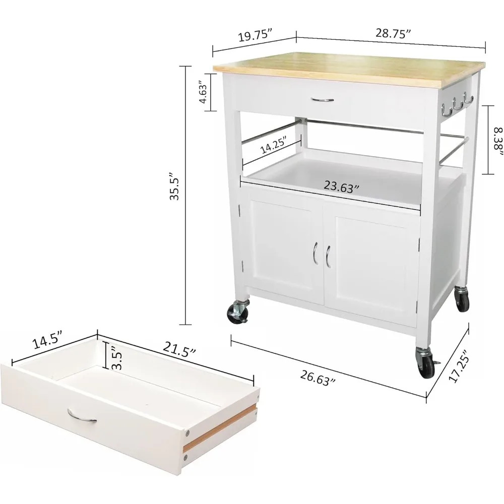 عربة جزيرة المطبخ مع سطح من الخيزران ودرج وخزانة تخزين وعجلات باللون الأبيض #5