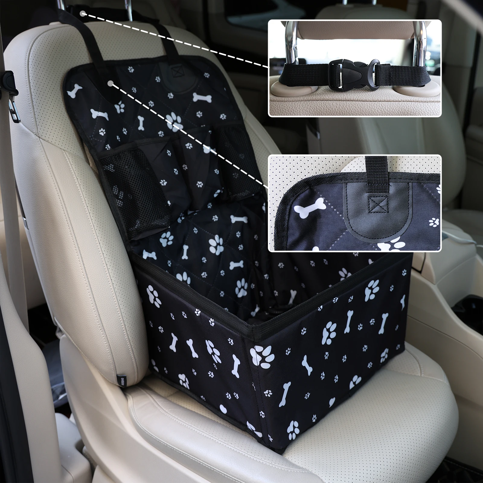 Pet Dog Car Seat with Storage Pockets Universal Pet Seat Cover for Small Medium Dogs Non-Slip Portable Travel Mat & Safety Bag view 2