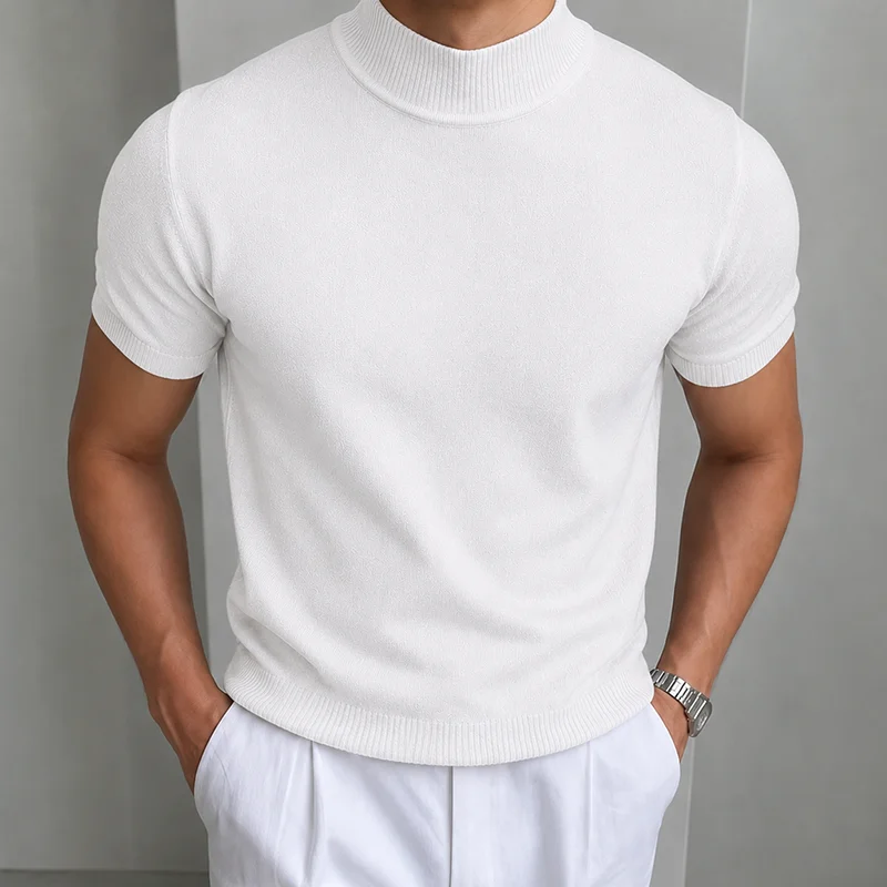 Herren Casual Einfaches Strick-T-Shirt Halbhoher Kragen Weicher Komfort Modisch Einfarbiges Strick-Kurzarm-T-Shirt Mock Neck Pullover – Detail 2
