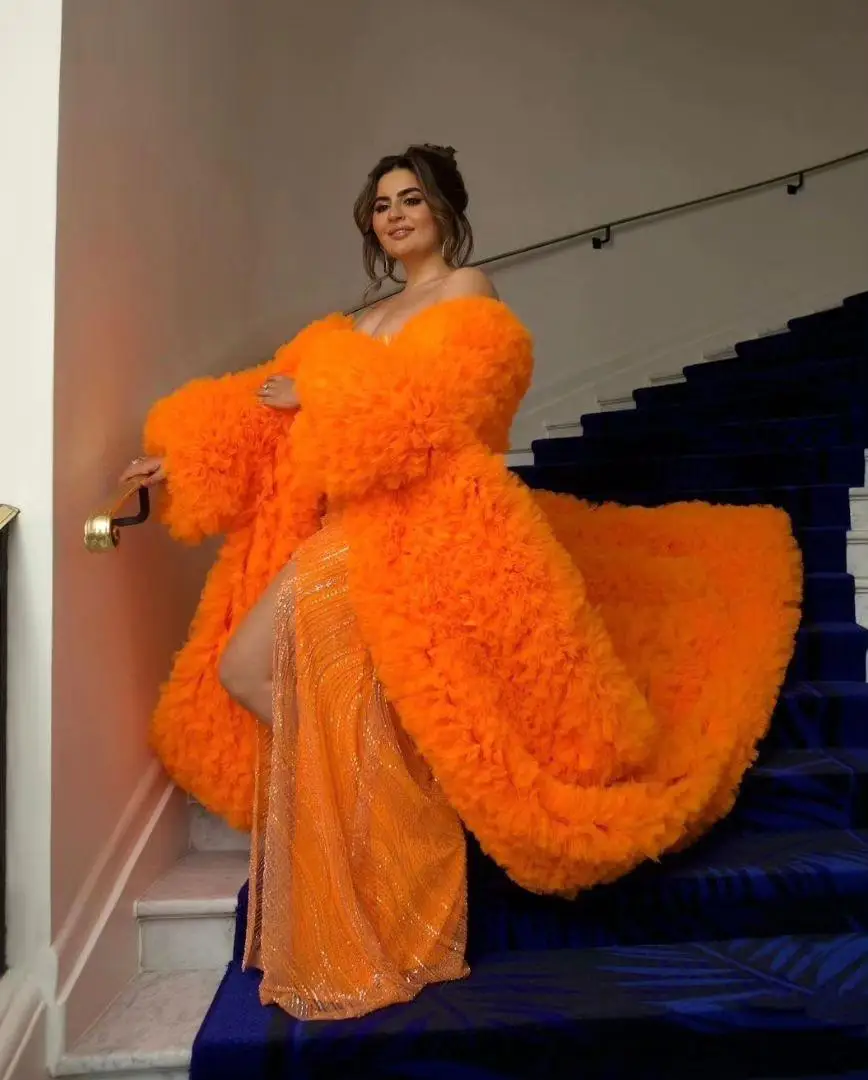 Extra Puffy Tiered Tulle Coat Women Long Jacket Orange Lush Gown Prom Party Cape for Dress Maternity Robes Photoshoot Coat Dress