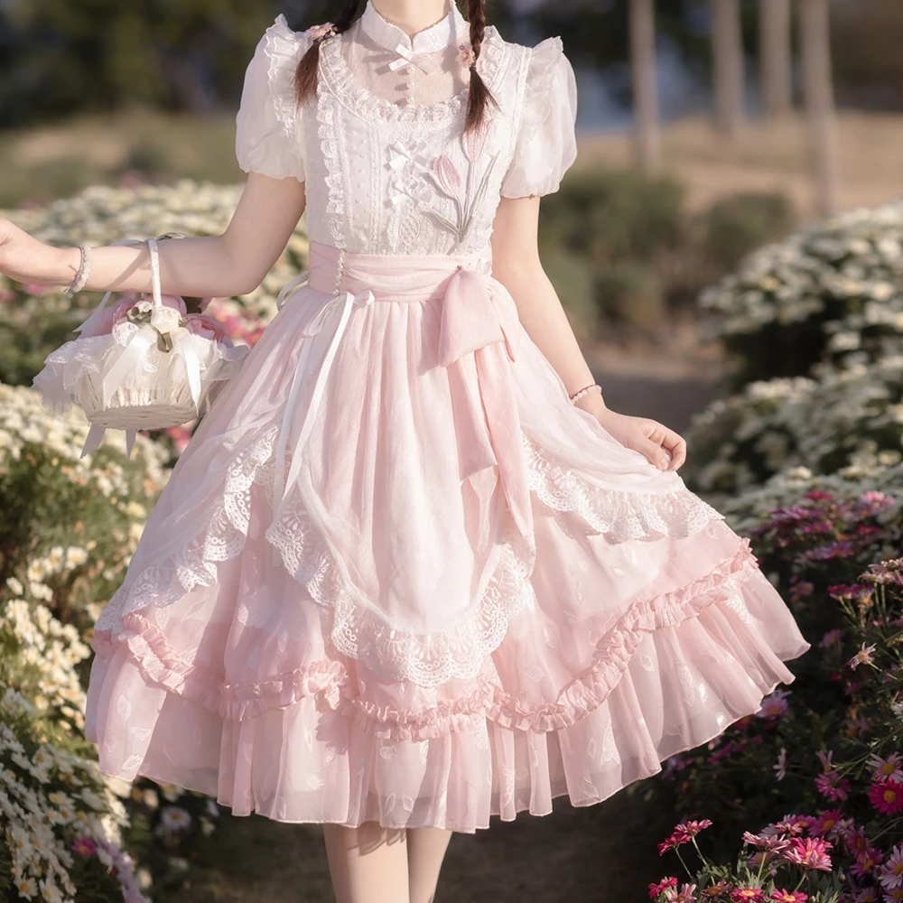 

Pink Lolita Dress for Girls Short Sleeve Sweet Costume