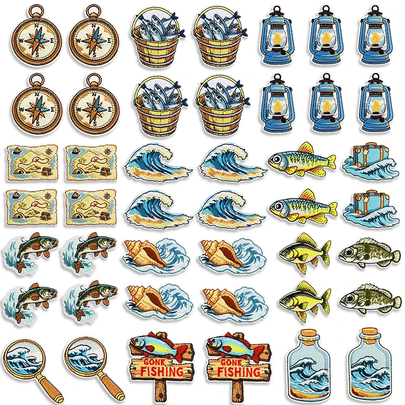 Großhandel 10 Stück Angelfisch-Aufnäher für Kleidung, Outdoor-Angeln, Aufbügelbare Aufnäher für Kleidung