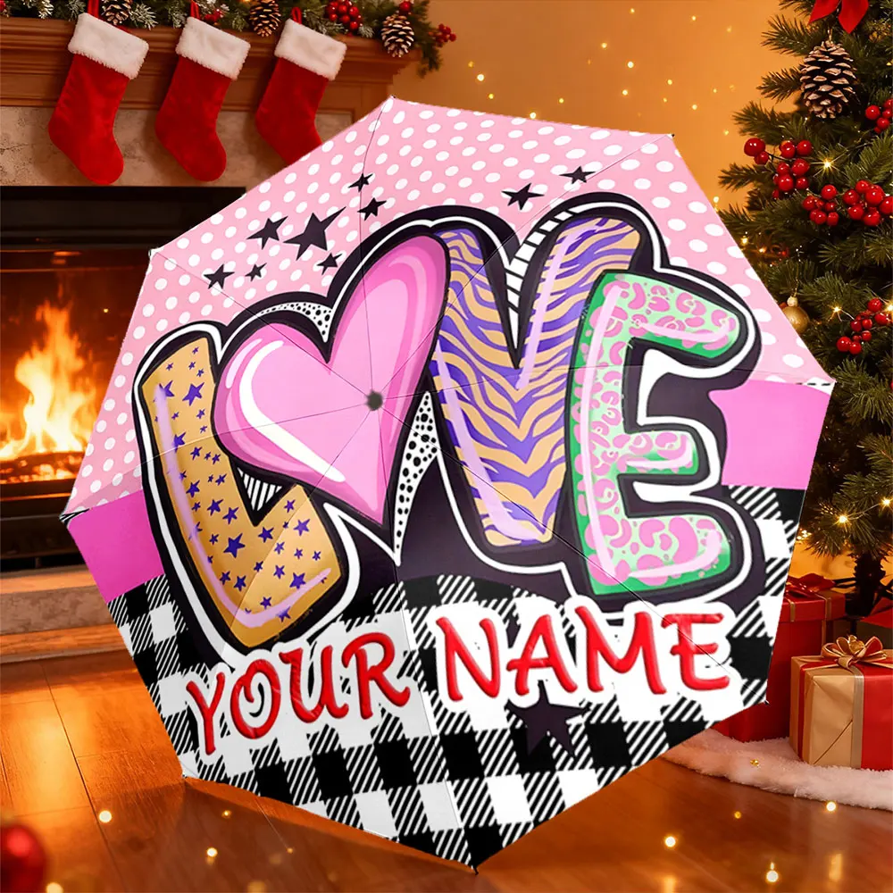 Custom Name Umbrella， Personalized Love Print Umbrella - Pink Heart and Bold Patterns,Portable Folding Umbrella, Christmas Gift