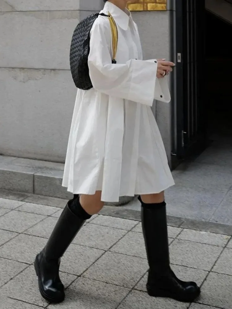 UOOZEE Women's Buttoned Pleated Cotton Blend Mini Dresses Long Sleeves Loose Black White Color Urban Casual Lapel Shirt Dress