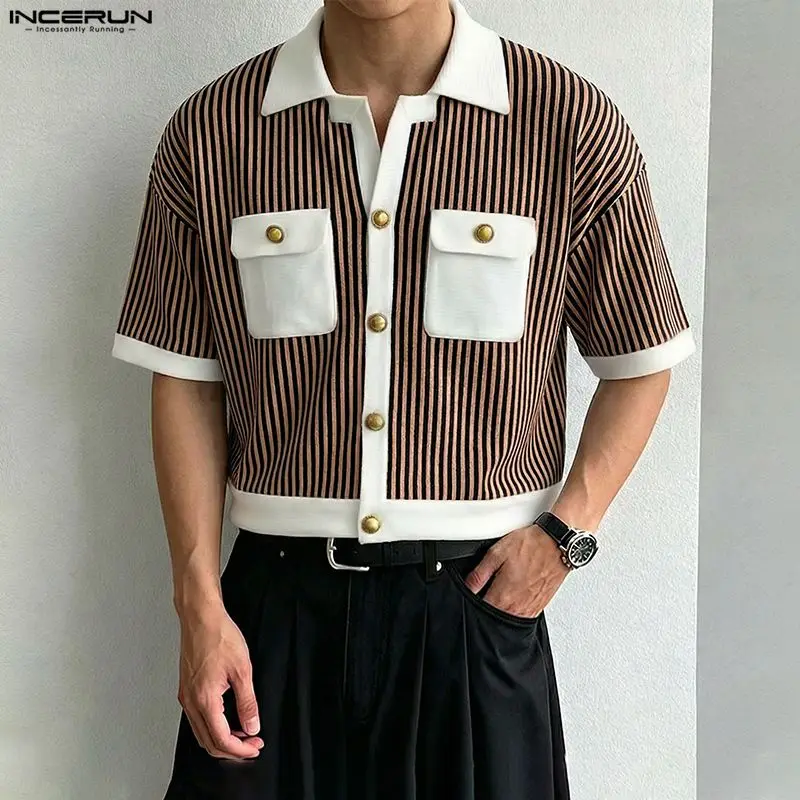 INCERUN Men Shirt Striped Patchwork Lapel Short Sleeve Casual Men Clothing Summer Color-block Fashion Leisure Tops Male Shirts