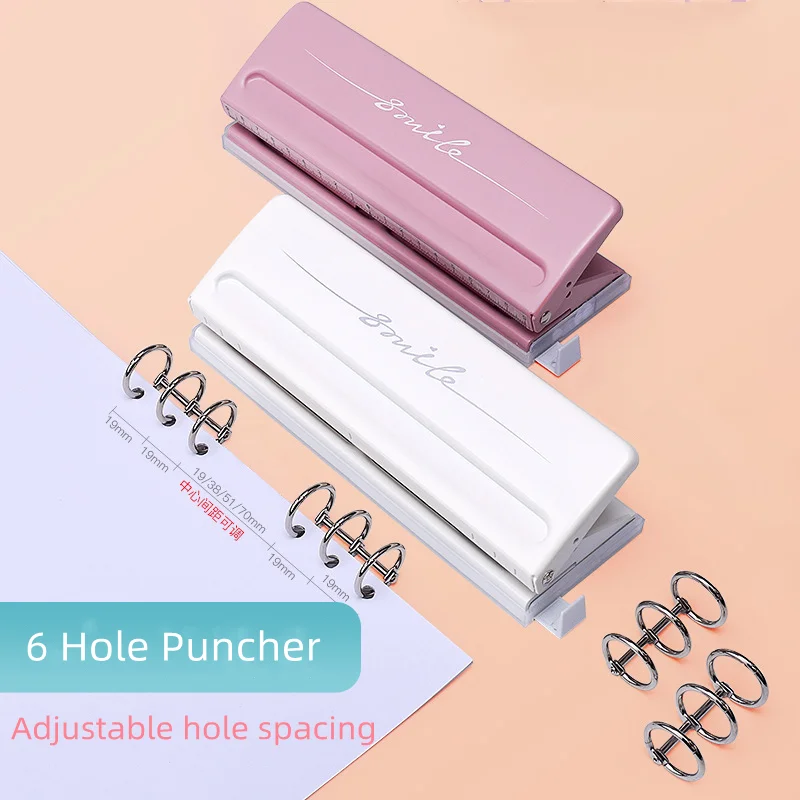 Mini Ajustável 6 Hole Puncher Punch, Multi-Size Punch, DIY Office Binding Tool, Material Escolar, Handbook