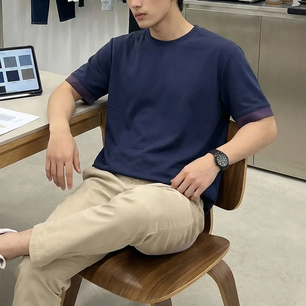 

Мужская футболка с контрастной отделкой, круглым вырезом и коротким рукавом, повседневная, свободного кроя, базовая модель