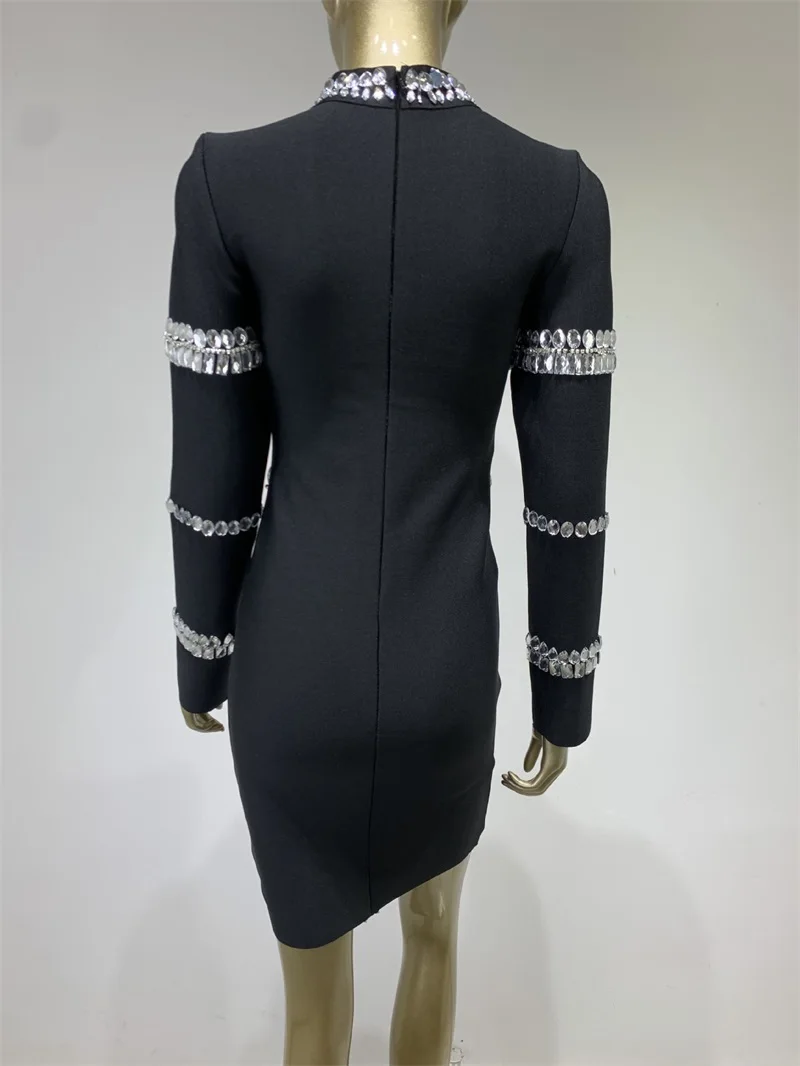 Rhinestone High Collar 1 Piece Women Prom Dress Beads Tight Waist Bandage Dress Black Long Sleeve Party Gown New Design In Stock