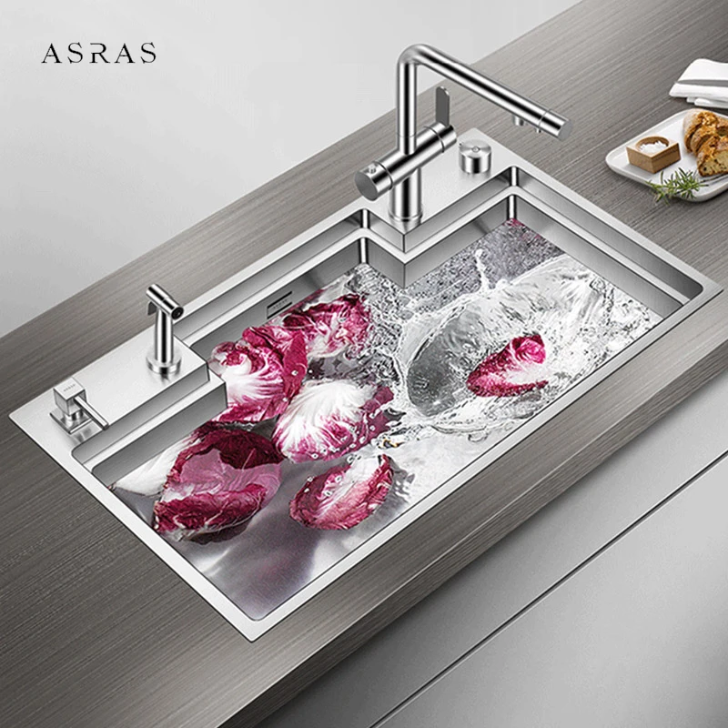 

ASRAS Handmade Brushed Stepped Kitchen Sink 4mm Thickness 220mm Depth Large Size Single Kitchen Stepped Sink