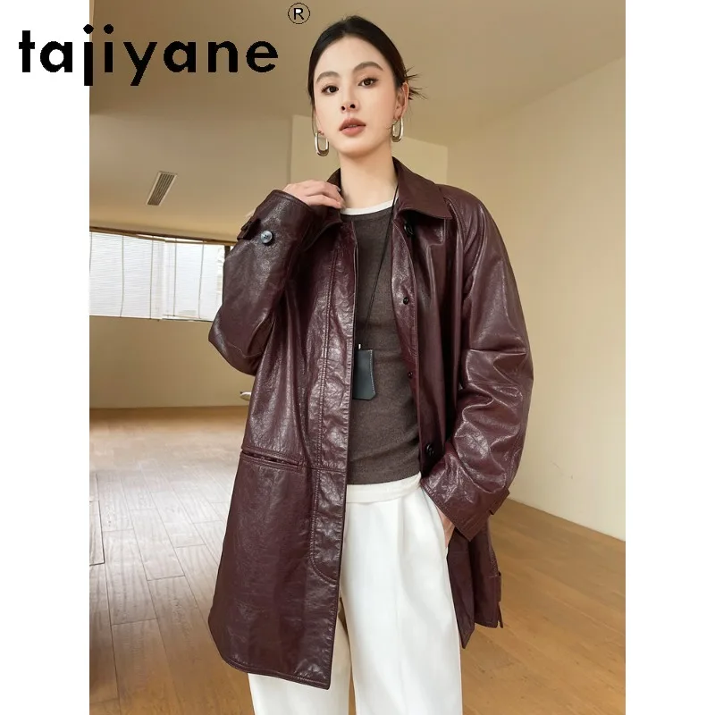 TAJIYANE Oil Waxed Goatskin Leather Jacket Woman Vintage Real Leather Coat Trench Mid Length Jackets for Woman Loose Jaqueta