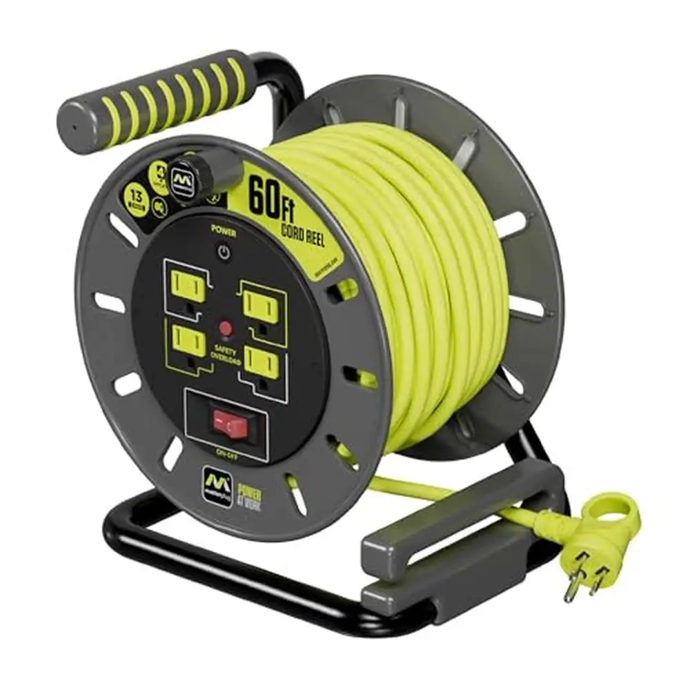 60ft Retractable Extension Lead Cord Reel with Winding Handle Overload Circuit Breaker Power Switch 4X Grounded Power Outlets