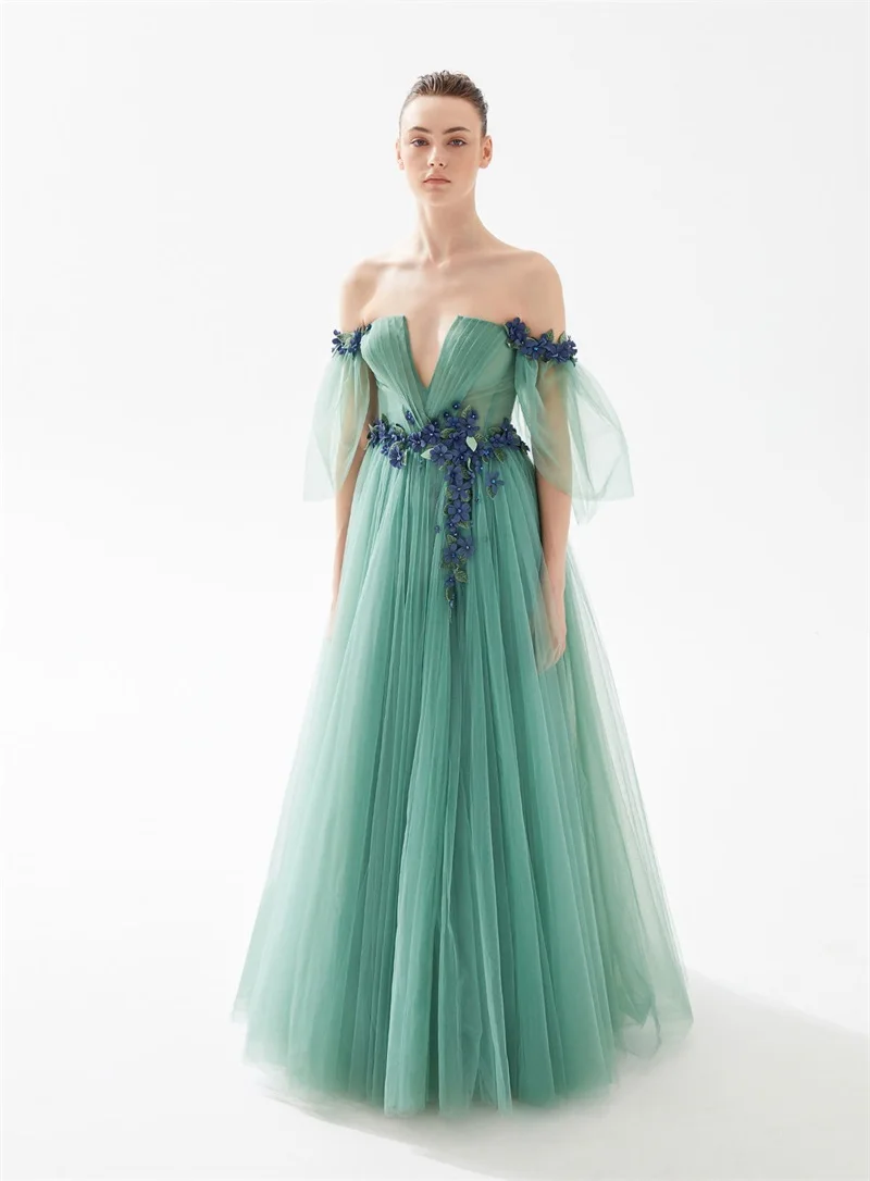 Robe de Rhde forme trapèze avec des appliques de fleurs 3D, robe de soirée formelle, robe de mariée verte, sur mesure, occasions spéciales, printemps