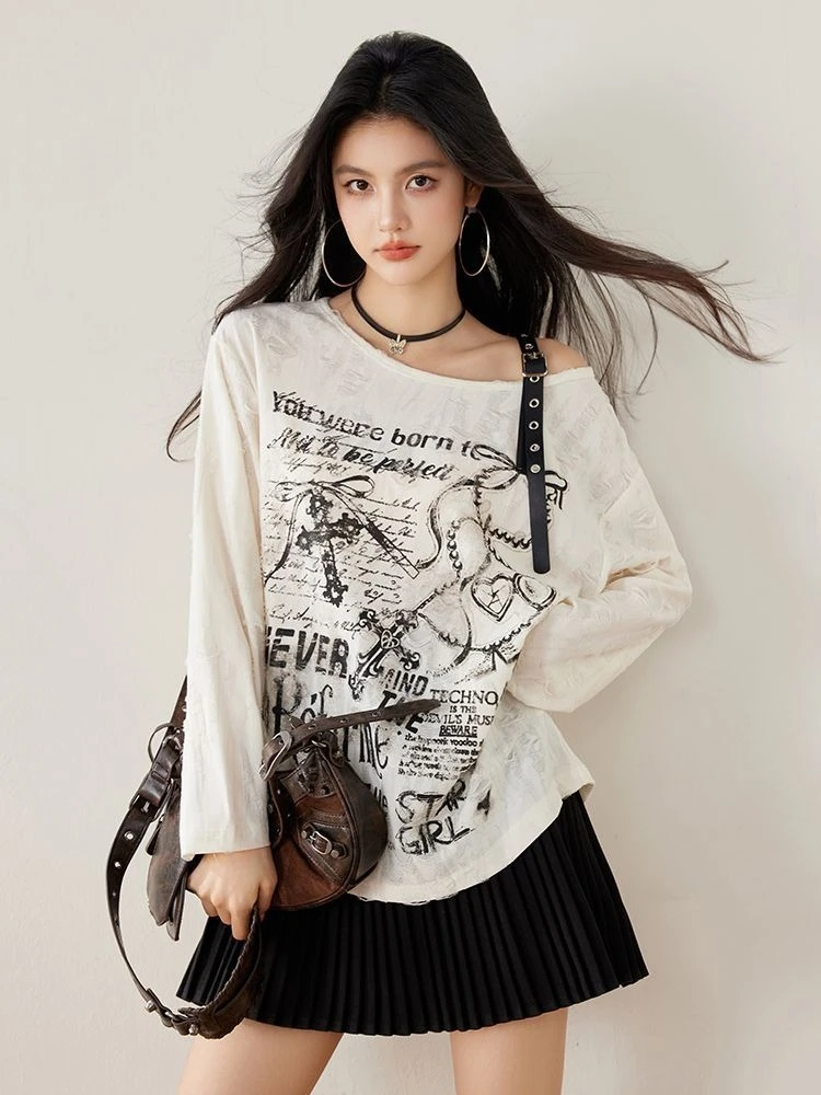 

HOUZHOU Punk Graphic T-shirts Women Vintage Y2k Off Shoulder Oversized Tops Harajuku Gothic American Retro Long Sleeve T-Shirts