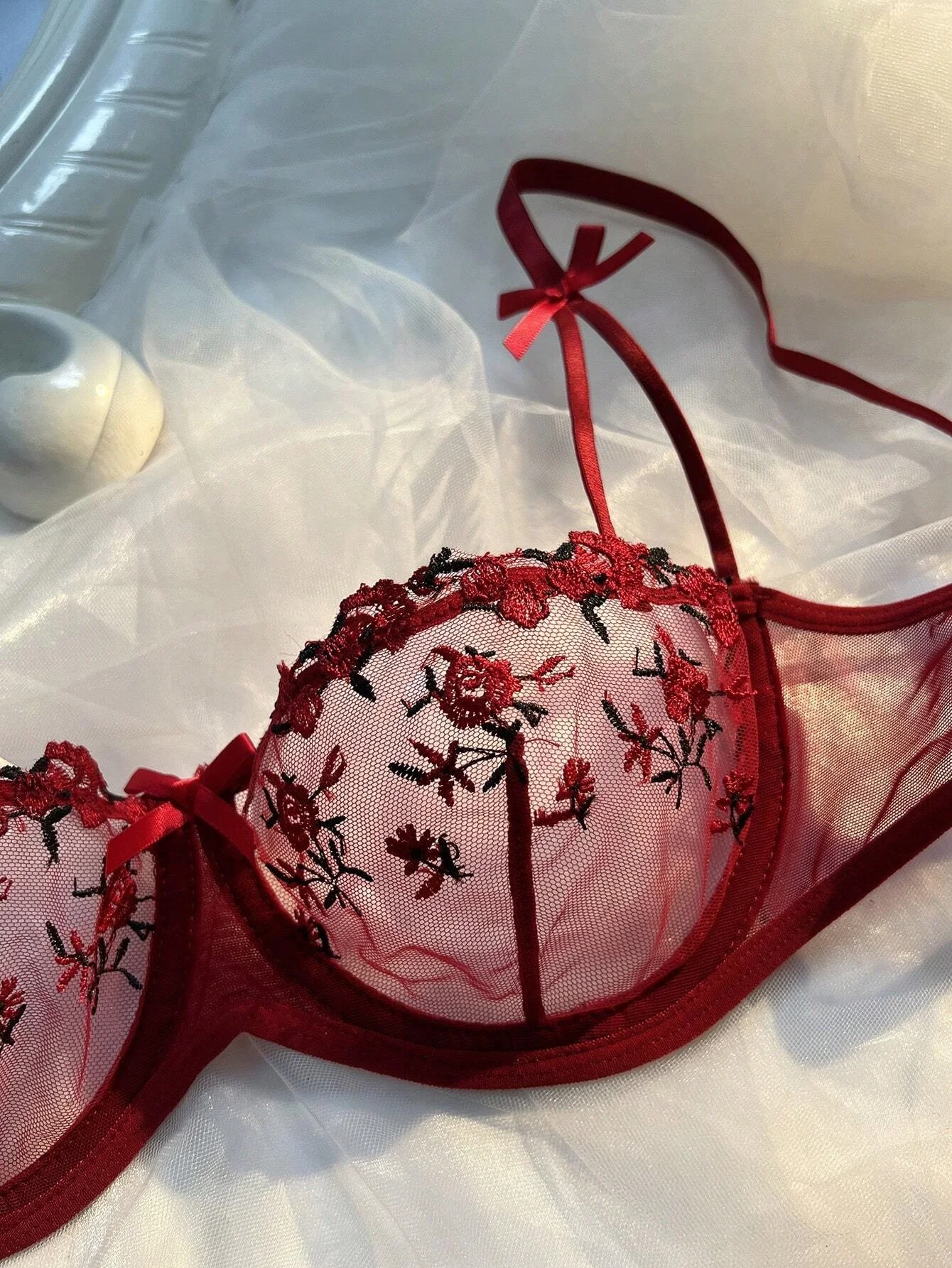 New Wine See Trough Lingerie Two Piece Set Thong Women Intimates Push Up Bras Everyday Embroidery Printing Bowknot Underwear image 5