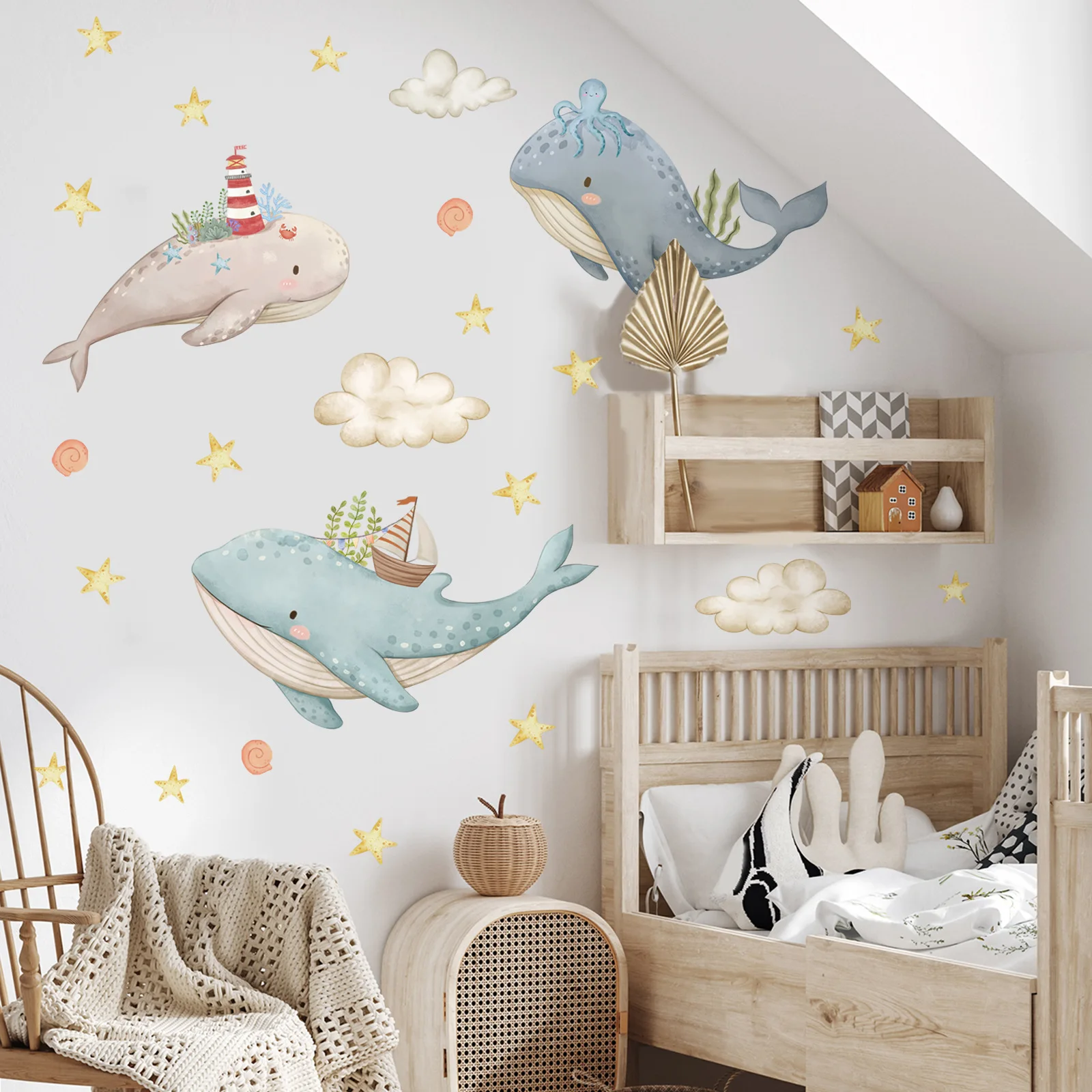 2pcs Cartoon Whale Star Watercolor Wind Wall Stickers Children's Room Bedroom Wall Stickers Background Home Decoration Ms6310