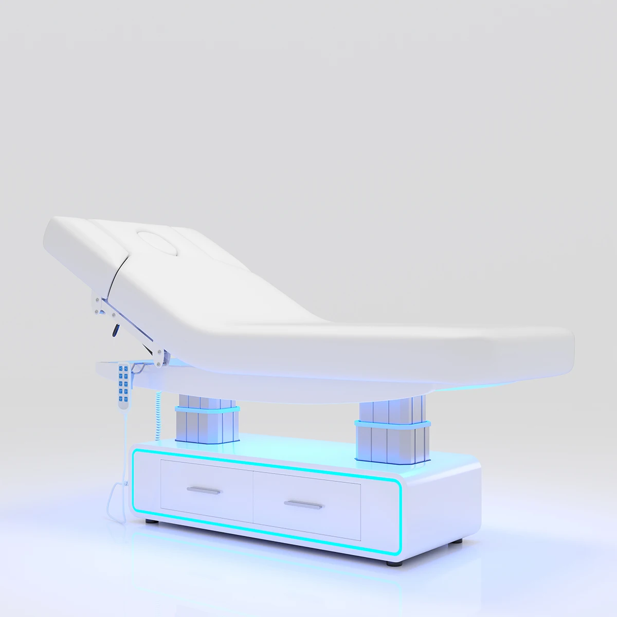 Electric Facial Bed White PU With Storage Drawers LED Ambient Light Face Hole 3 Motors Remote Control Reclining Beauty Massage T