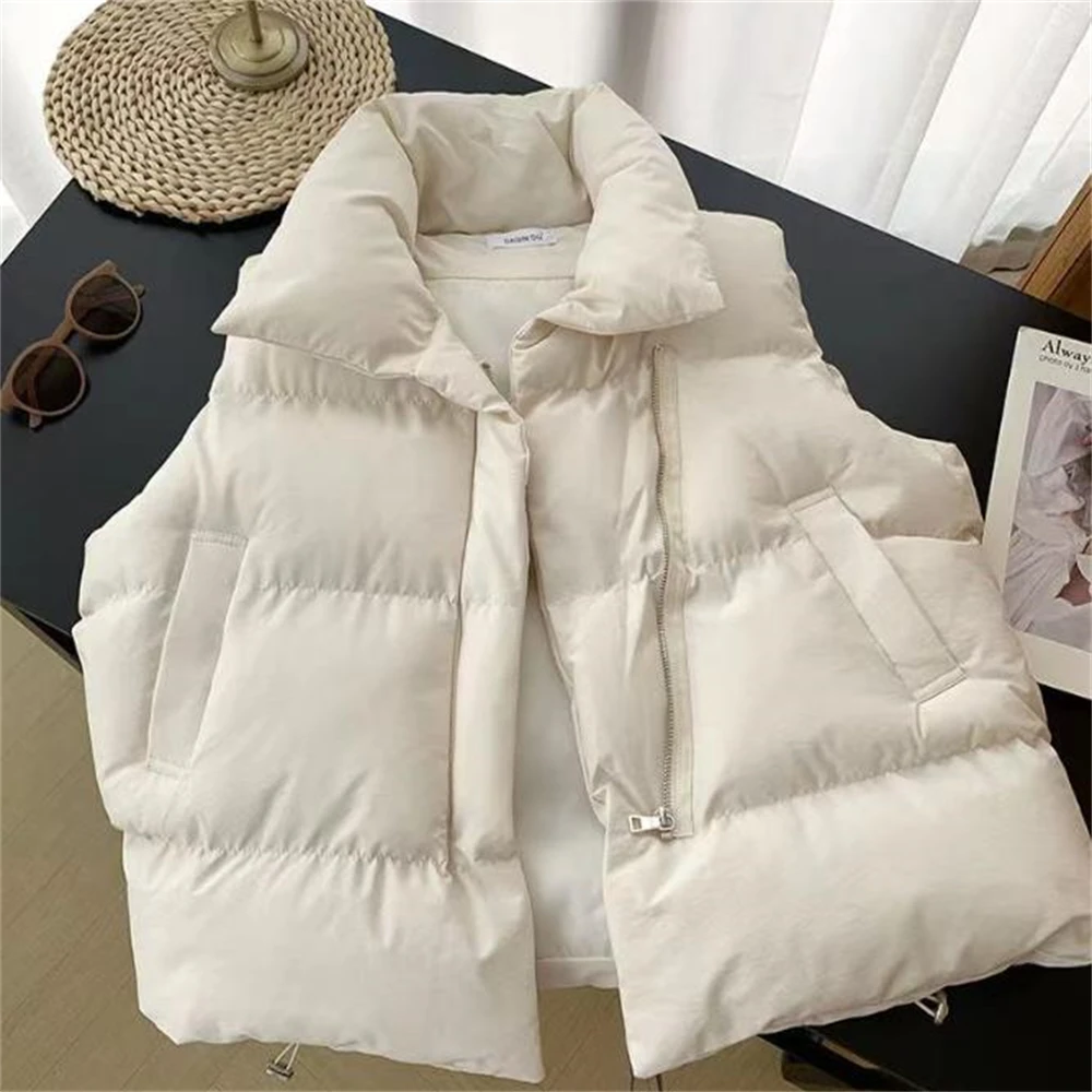 New Winter Cotton Vest Women Warm Coat Turn-down Collar Zipper Sleeveless Jacket Overcoat Loose Drawstring Waistcoat Vest Coat