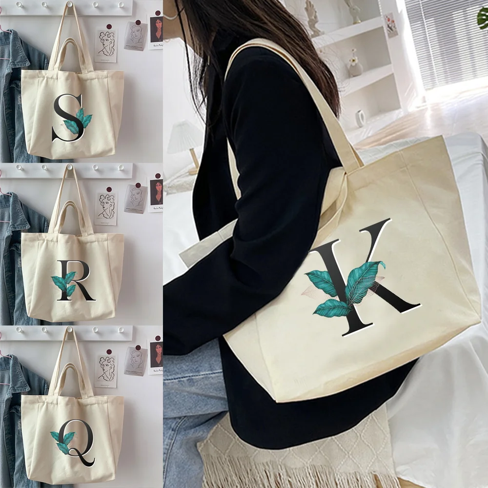 

Shopping Bags Foldable Ladies Canvas Shoulder Bags Leaf Letter Printed Girl Student Shopper Bags Handbag Travel Work Totes Bags