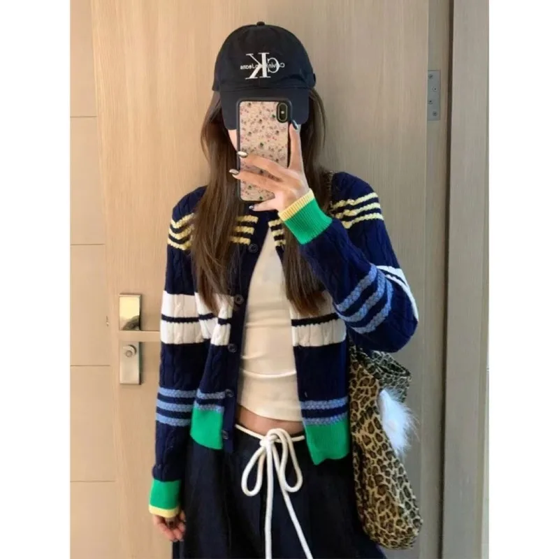 

Striped Contrast Color Women Knitted Cardigan Vintage Long Sleeve Twisted Korean Fashion Sweater Slim Casual Autumn