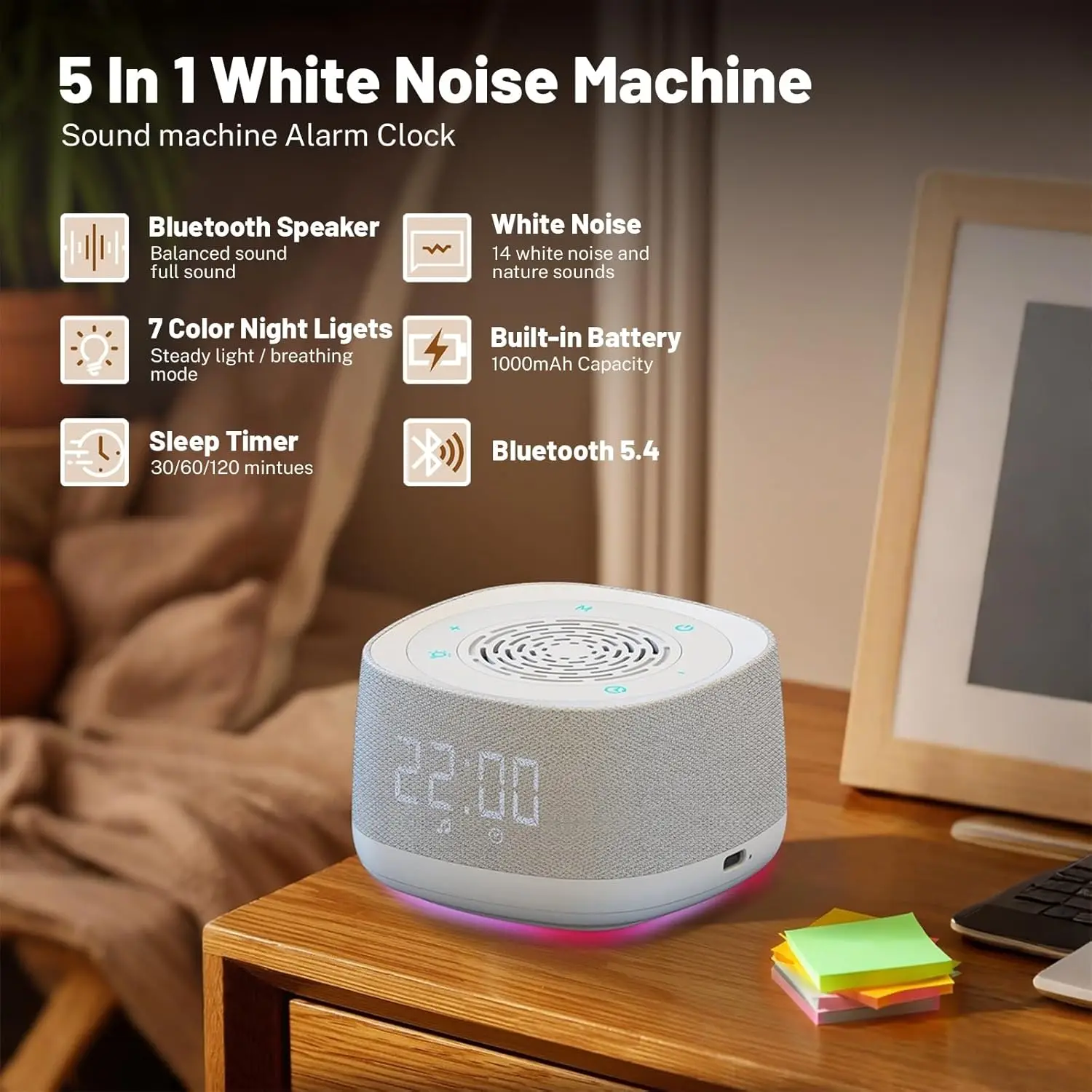 

Портативный генератор белого шума с Bluetooth-колонками, будильником, ночником, 3-уровневым таймером и Hi-Fi звуком для улучшения сна взрослых и младенцев