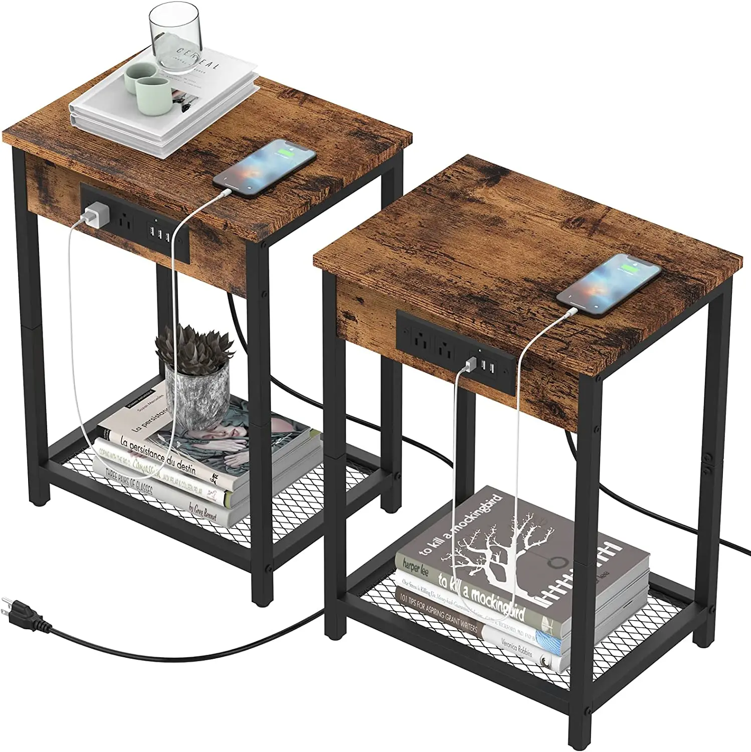 Set of 2 Side End Table Nightstand w/USB Ports & Power Outlets Bedroom Office