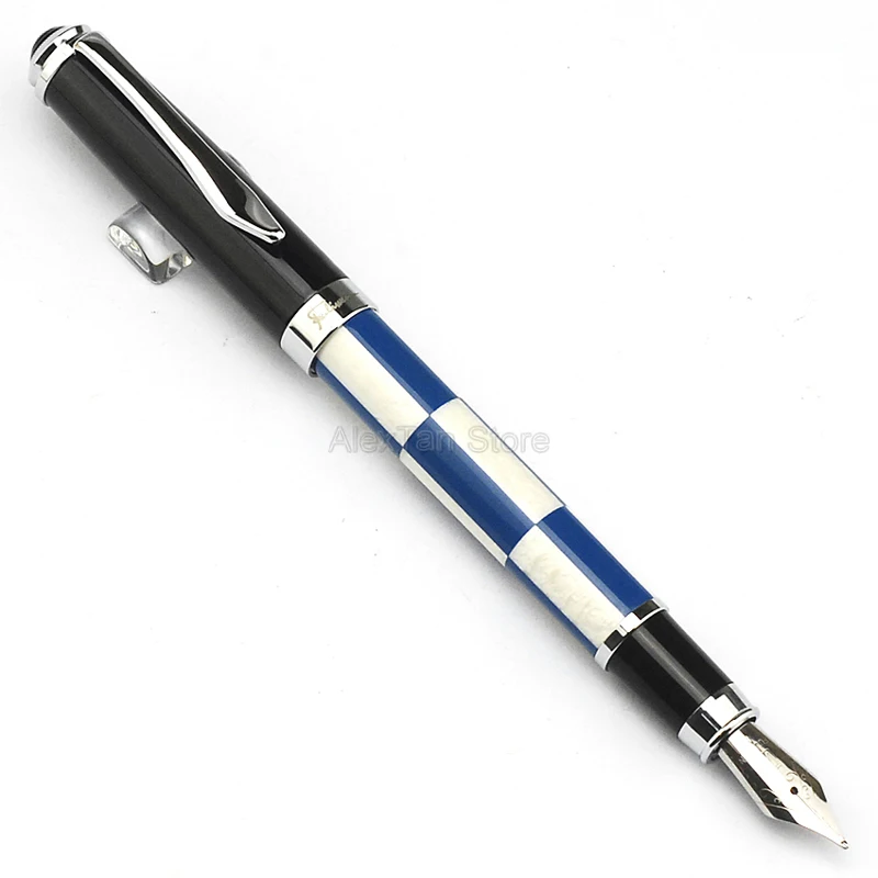 Fuliwen Celluloid Luxury Fountain Pen Medium Nib 0.7mm Blue & White Squares Pattern Pen For Writing Ink Pen