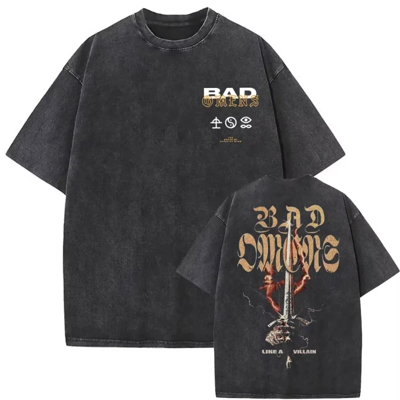 Bad Omens Print Washed Vintage T-shirt Funny Moth Graphic Tshirt Men Women Fashion Hip Hop Streetwear Short Sleeve T-shirts
