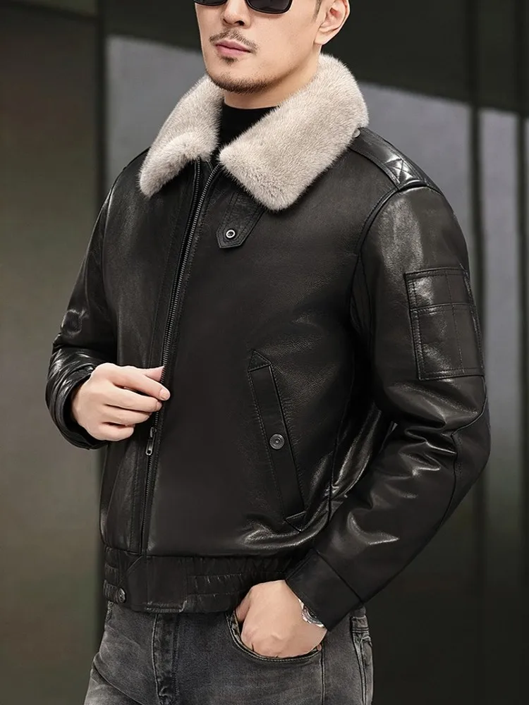 Winter Mens Fashion Overcoat Black Loose Warm Mink Fur Lining Turn Down Fur Collar Sheepskin Genuine Leather Jacket Outwear Coat - Image 3