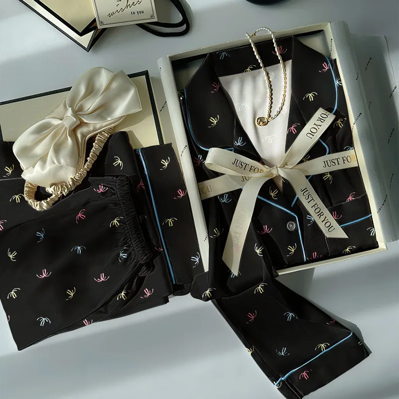 

Женские винтажные красочные легкие роскошные пижамы премиум-класса из ледяного шелка, топ с длинными рукавами и брюки, комплект домашней одежды