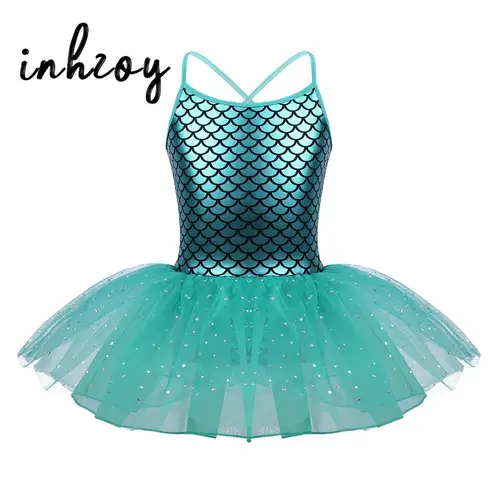 Vestido tutú de Ballet de sirena para niñas, leotardo de gimnasia, escamas de pescado, traje de actuación de baile metálico brillante, Ropa de baile de bailarina